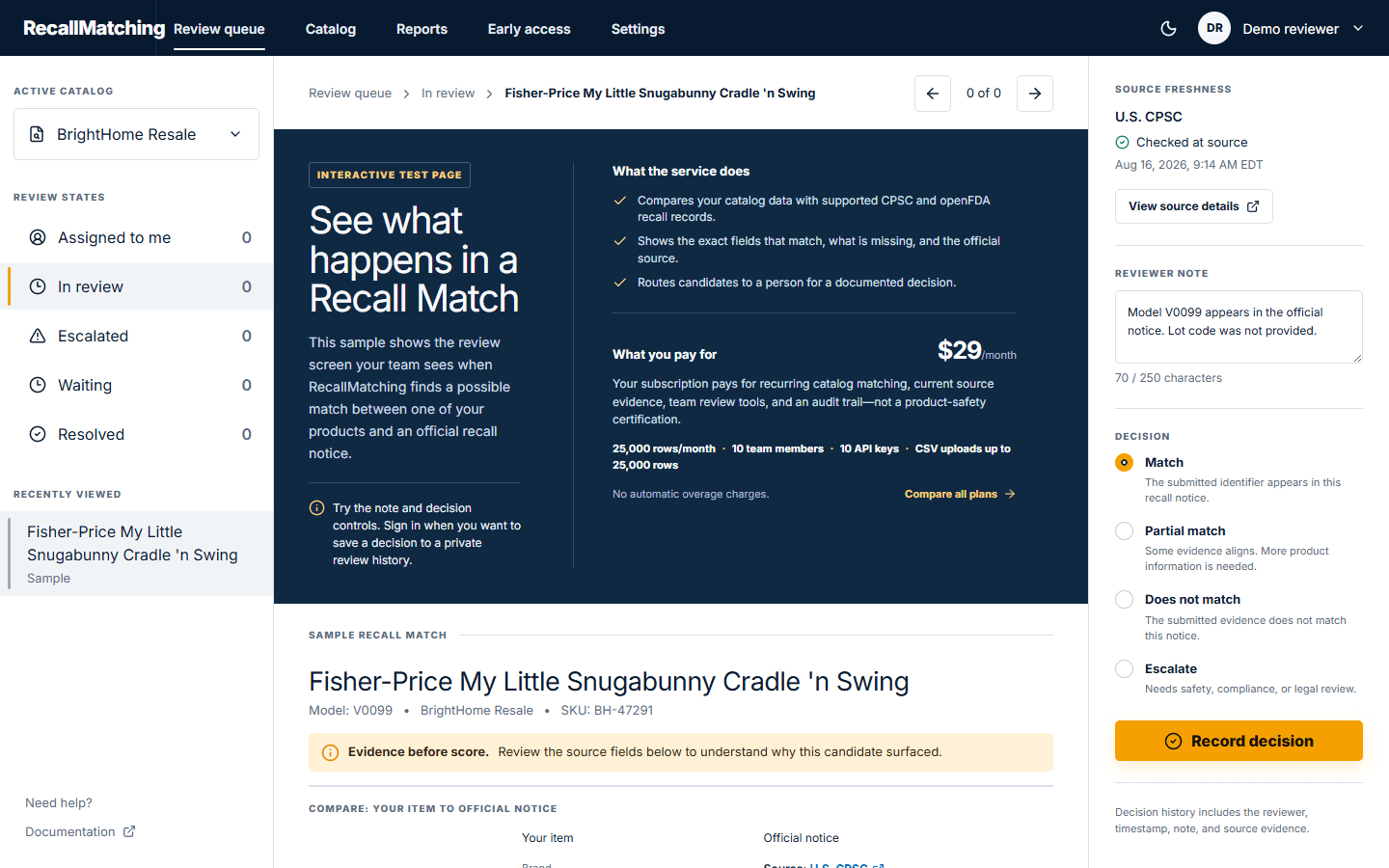 RecallMatching review workspace comparing a catalog item with an official CPSC recall notice